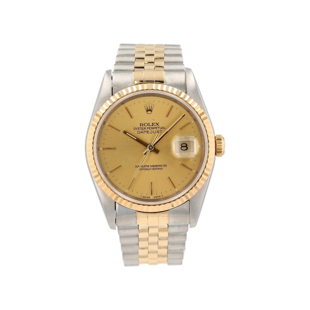 Rolex Datejust 16233 36mm Champagne Index Dial Fluted Bezel Jubilee Band